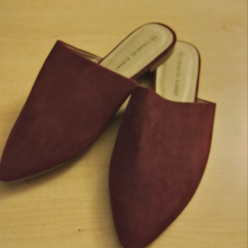 Burgundy faux suede slides